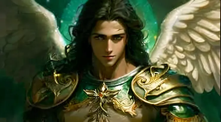 A young man very close to the humanized image with brown hair and eyes, dressed in zafira green clothes in bright and vibrant colors, is standing with his wings open, the image depicts his entire body. He is smiling and looking at the viewer. Their robes a...