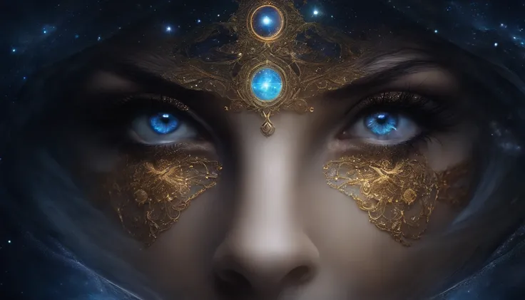 Dungeons and Dragons Style goddess of night, beautiful, ultra detailed, clear, ultra sharp, celestial, mystical, galaxies in her eyes :: swirling galaxies :: double exposure, Octane, dreamlike