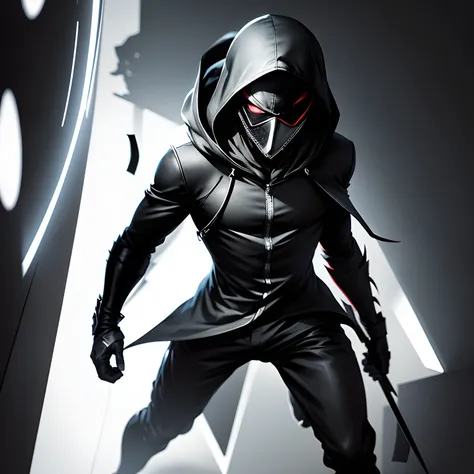 Concept art of a character anime style, kaneki ken, Black and white, in two projections, An assassin man in a black hooded suit, wearing a white mask, evil look, faceless, gray background, Simple black lines, simplified