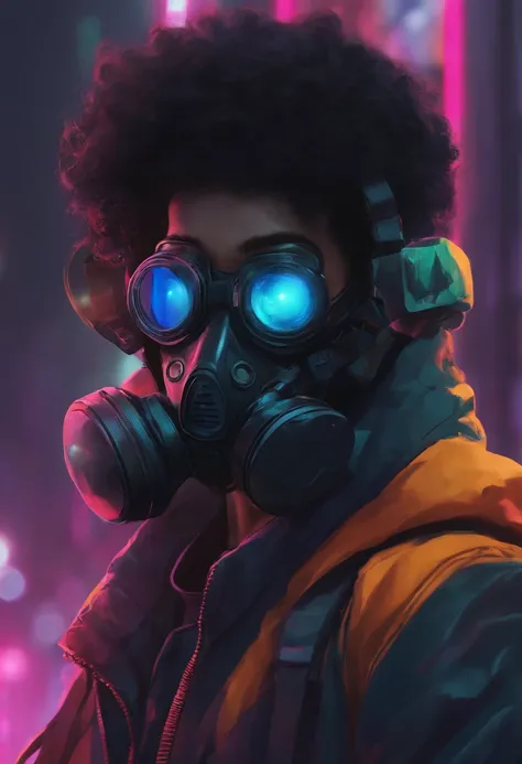 boy with big black hair, hig tech gas mask, cyberpunk style, neon colors, japan