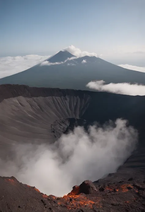 There are thousands of people standing on the edge of the volcano, looking at the other end. Between one end and the other, there is a rope stretched out and there are hanging hooks that move right and left.