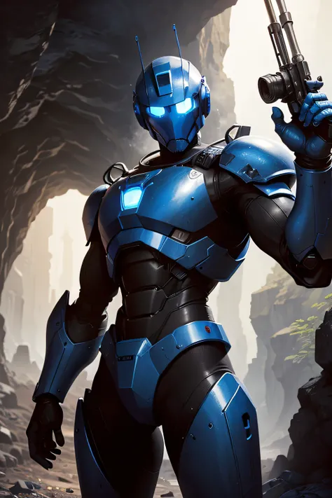 blue robot with a sniper in his hands, in a cave, lights on his sides, realistic, blue robots behind him, seen from front, blue chestblaster, scratched armor