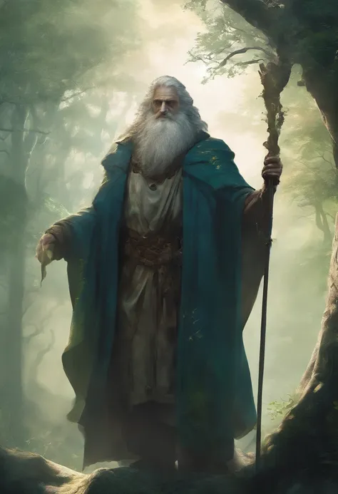 (best quality,4k,8k,highres,masterpiece:1.2),ultra-detailed,physically-based rendering,professional,strong druid,bearded man,wrinkled face,powerful muscles,wise eyes,dark blue robe,holding a staff,magical runes,ancient tree in the background,misty forest,s...