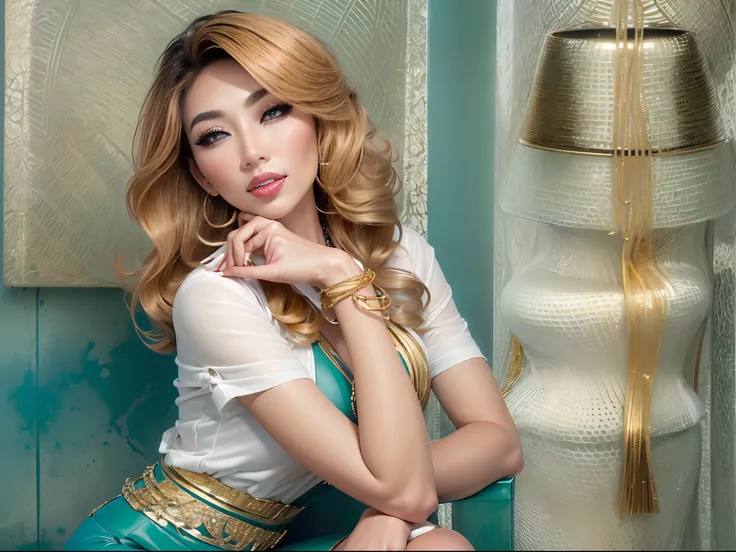 ((The highest quality image, high-resolution, masterpiece:1.3)), Gorgeous business style portrait for spring and summer. A young Asian model has horizontal bangs and golden blonde wavy hair. She wears a white silk blouse, Teal Pencil Skirt, and red stilett...