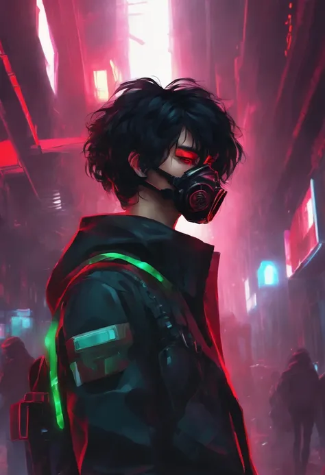 cyberpunk anime style, neon colors, boy with big black hair, hig tech gas mask, red bright Eyes