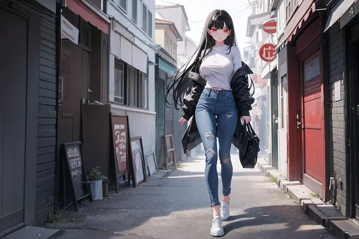 1girl, red eyes, beautiful eyes,
Expressive eyes, black hair, straight hair, perfect beautiful face, thin waist, big breasts, white simple shirt, long baggy jeans, white sports shoes, full body, walking towards the viewer, alley