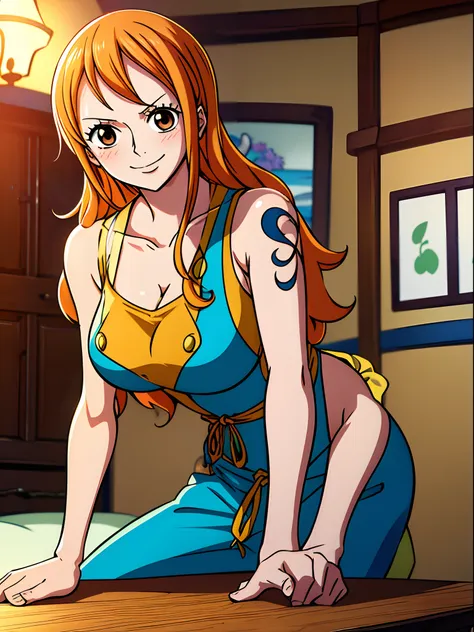 nami from one piece,very light orange and yellowish haired girl,beautiful brown eyes, blushing cheeks,in a house smiling at the ...