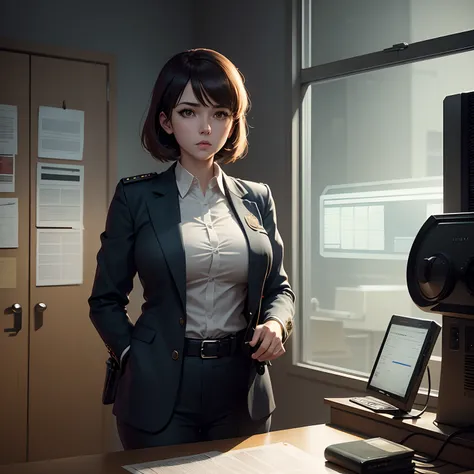 A detectives office, Police Office, office of a police station, scenecy, sem humanos, anime scenery, estilo anime, suspense, mystery, dim lighting,