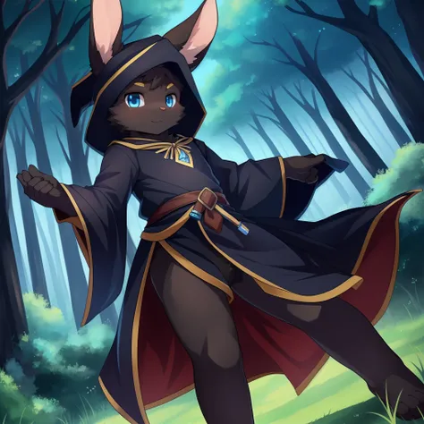 masterpiece, solo, 1boy, Furry, kemono, furry rabbit, anthropomorphic, male, black fur, black skin, blue eyes, wizard robes, forest, femboy, uploaded on e621,