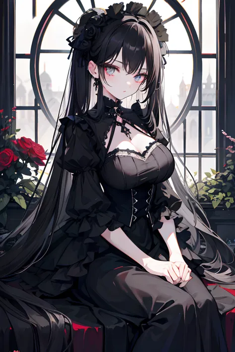 rosette，dark castle，funereal，Black-haired girl，a black skirt，Lolita prostitute，Dark style，big breasts beautiful，Thorny，fresh flowers，teens girl，Godless eyes，Exquisite European style，