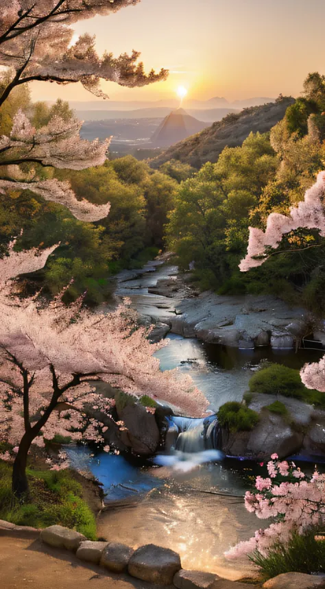 (a beautiful landscape,cherry trees,flowery environment, colorful fish stream, extremely detailed, sunset:1.2),ultra-detailed,nature,serene,peaceful,photorealistic:1.37, vibrant colors, warm tones,soft lighting,masterpiece:1.2, HDR,dreamlike,tranquil,water...