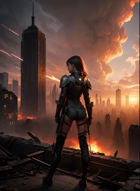 a girl stands among the ruins, wizard future, cyber suit, tragedy, red sunrise, film negative art, by Bastien Lecouffe-Deharme