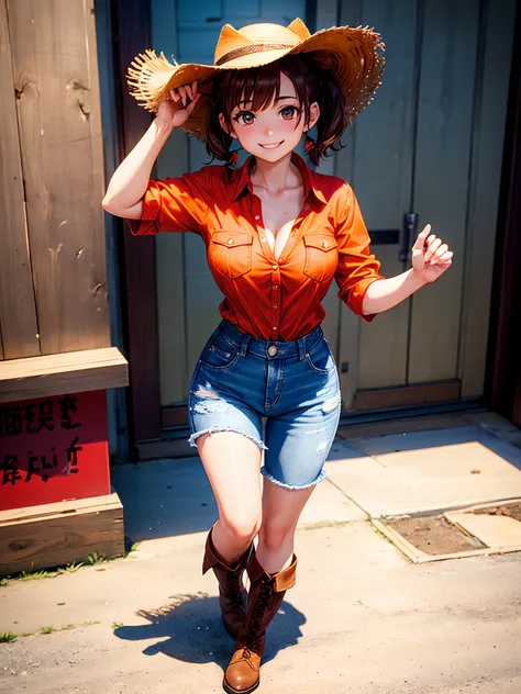 1girl, solo, short hair, brown hair, twintails, brown eyes, looking at the viewer, full body, smile, checked shirt, boots, spur on the boots, short jeans, straw hat in hand, button down, orange red shirt, pushed breasts, cleavage, red lines on the shirt