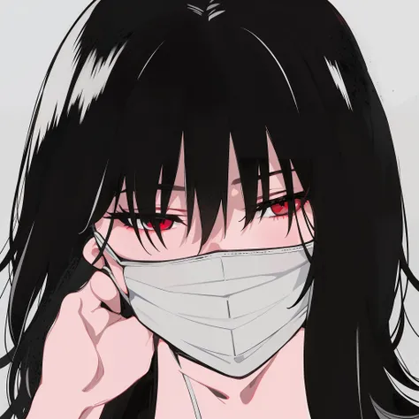 hiquality, tmasterpiece (one girls). dark colored hair. White Mask. red-eyes. covered eyes. Hand palm in hair