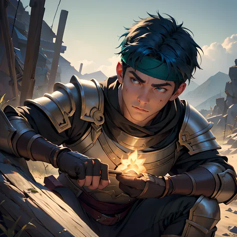 (best quality,4k,8k,highres,masterpiece:1.2),ultra-detailed,(realistic,photorealistic,photo-realistic:1.37),Ike from the videogame Fire emblem, blue hair and headband, sitting at a bonfire,lost in thought,strong muscular body,wearing his jerkin,warm flicke...