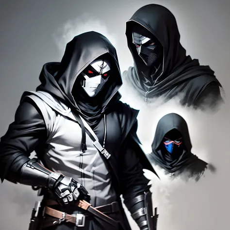 Concept art of a character anime style, Black and white, An assassin man in a black hooded suit, wearing a white mask, scary look, black eyes faceless, gray background, Simple black lines, simplified.