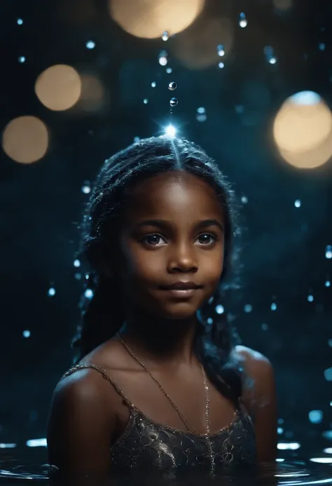 beautiful 9 YEAR OLD black maiden with blue eyes in the middle of magic water water droplets crowning her, full moon, She is looking at the droplet symbol of water element floating around, hyperdetailed, detailed matte painting deep color fantastical intri...