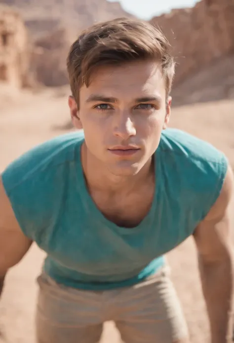 energetic boy, standing in desert ruins, catching the eyes of the viewer, active pose, masculine body, 27 years older, harsh sun light, wearing a tight teal tanktop and short hotpants, looking for treasure, sandy and dusty environment