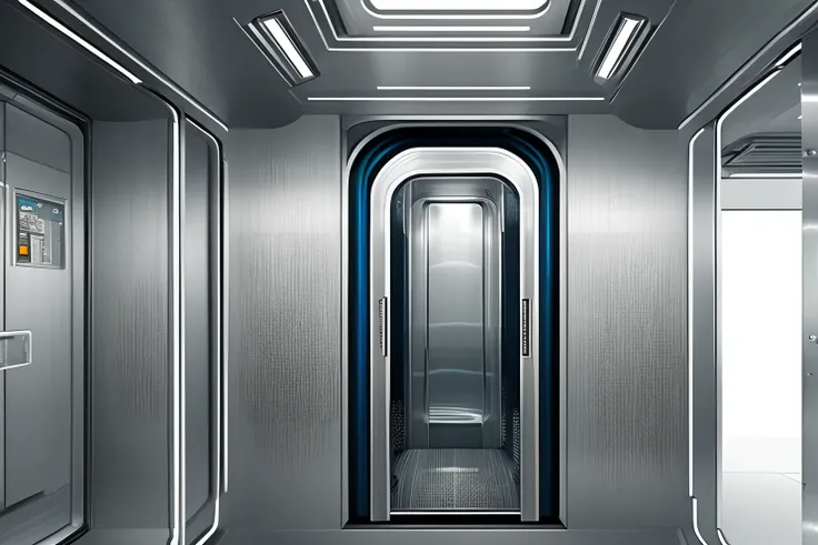 Elevator on a spaceship, Grey Metal Elevator, higly detailed,Filmic, The entourage of the future, 8k