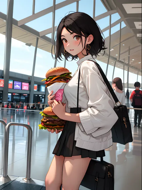 Girl on the airport with laugages wearing short skirt and white top with black hair and brown eyes holding burger in one hand