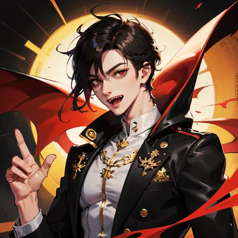 Absurd, high resolution, super detailed), 1 male, adult, handsome, tall muscular man, broad shoulders, suit, scarlet eyes and delicate face, black hair, fantasy, vampire, fangs, fangs