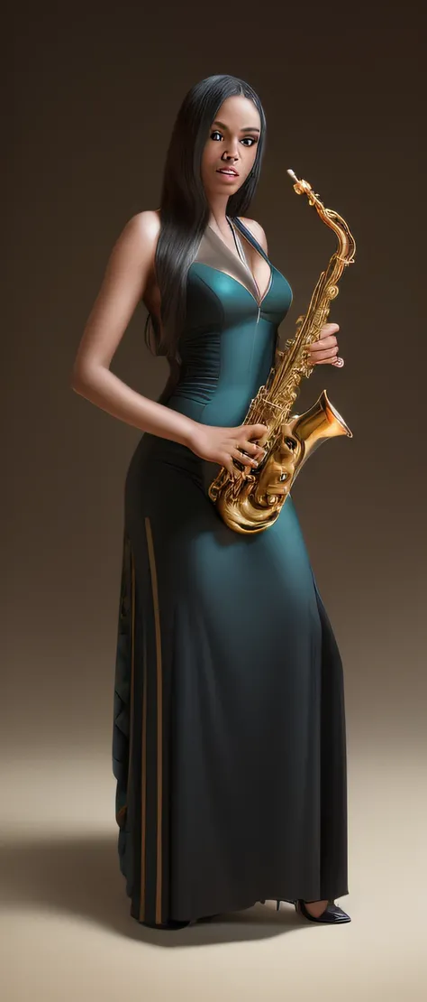 imagem de uma mulher em um vestido preto segurando um saxofone, saxofone, Saxofones, musician, middle close up composition, instrumento, solid background, Arte Promocional, masterful composition, banda, composition on the right side, foto de retrato detalh...