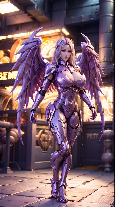 ((dragon big horn on head)), huge fake boobs, (beautiful face), (blonde hair), (white, purple, gold), (phoenix armored gear), ((...