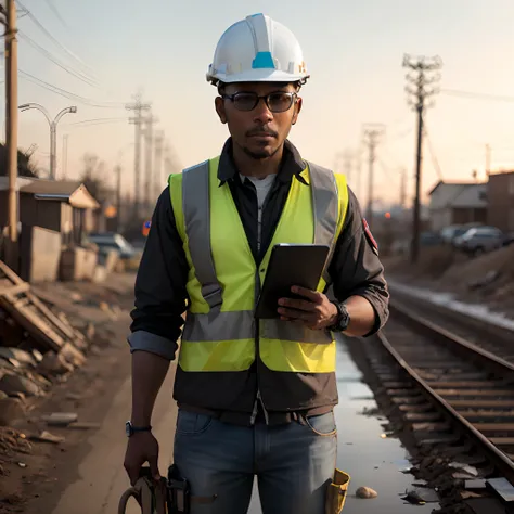 A well-equipped civil engineer on a public works site in black perspective view