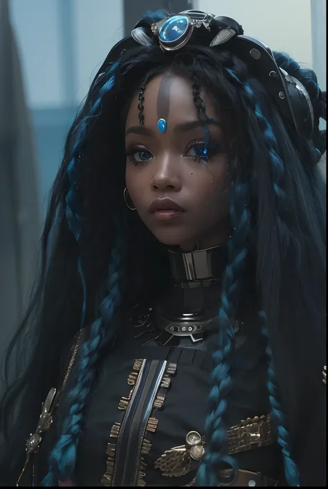 Close-up of doll with blue hair and black outfit, afrofuturism