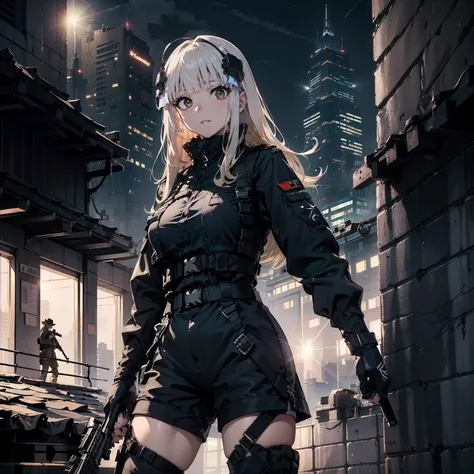 (Trained female soldiers)、((Holding weapons、holding rifle、aim、aim、fire:1.4、guns、h&K HK416))、1 Women、thick body、(Black combat uniform)、(platinum-blonde-hair:1.2)、((超A high resolution))、Detail Write、​masterpiece、top-quality、extremely details CG、8K picture qu...