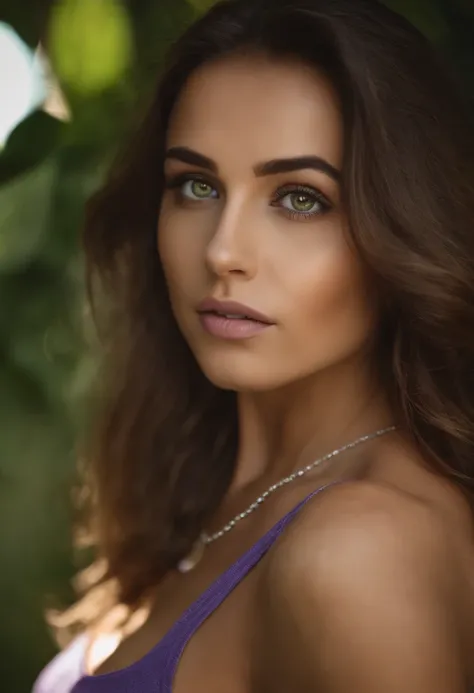 Arafed woman with white tank top and necklace, fille sexy aux yeux verts, Portrait Sophie Mudd, cheveux bruns et grands yeux, sitting riverside, en petit short et pull, Violet Myers, ohne Maquillage, maquillage naturel, Look directly into the camera, Visag...