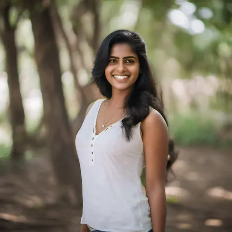 A beautiful Indian girl with dark skin, long, flowing black hair, and big, expressive brown eyes. She is wearing a white top and jeans, and she has a warm, inviting smile. She is photographed in a natural setting, such as a park, a forest, or a beach. The ...