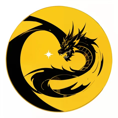 Create a circular emblem with a black and gold Chinese dragon inside, white background,minimalist art,simple art