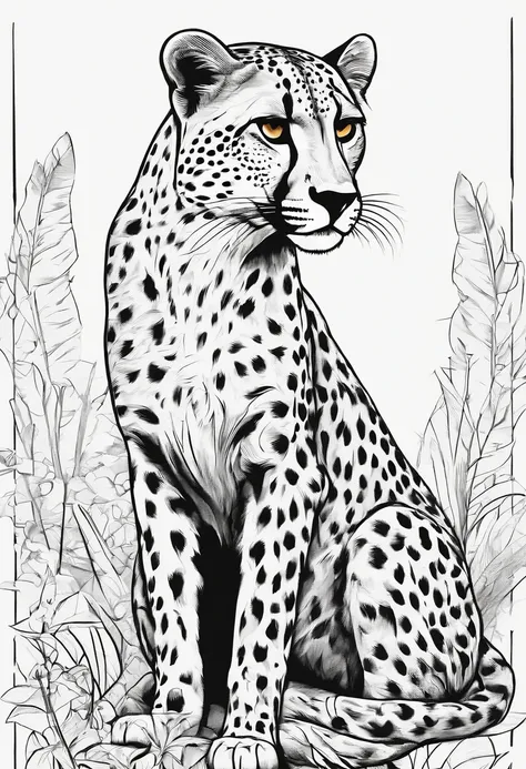 Zoo animals,Cheetah  , cartoon style, line drawing background, white background, monochrome, line drawing, ((sketch)), for coloring