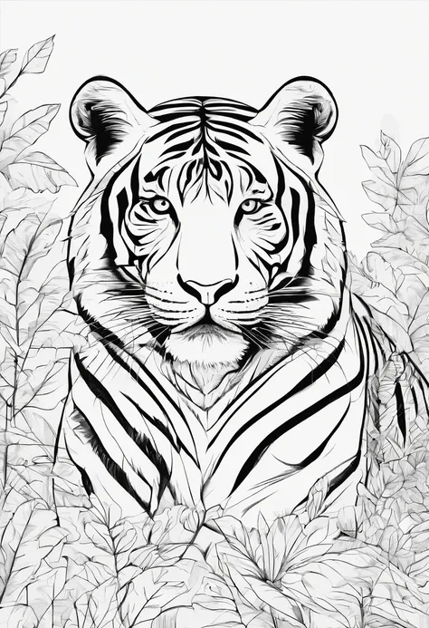 Zoo animals,tiger, cartoon style, line drawing background, white background, monochrome, line drawing, ((sketch)), for coloring