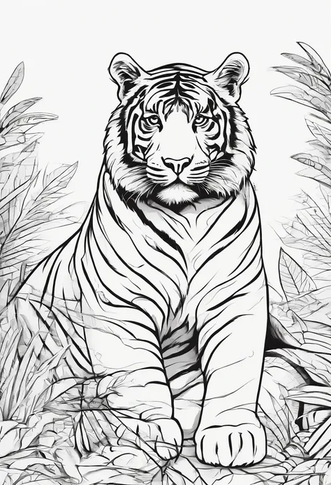 Zoo animals,tiger, cartoon style, line drawing background, white background, monochrome, line drawing, ((sketch)), for coloring