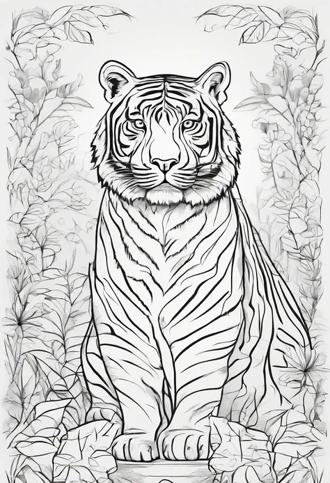 Zoo animals,tiger, cartoon style, line drawing background, white background, monochrome, line drawing, ((sketch)), for coloring