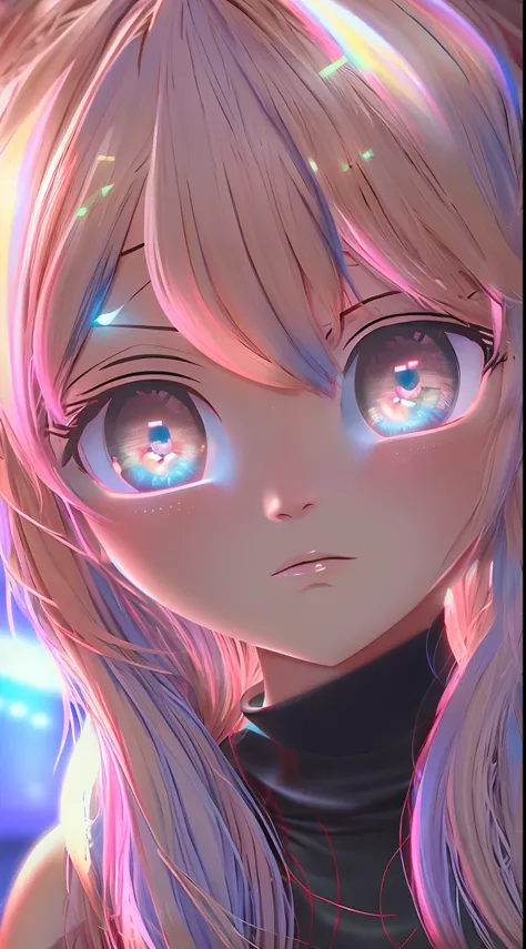 blonde hair, gradient hair, pink hair, folded ponytail, Blue halo, glowing eyes, wide eyes, drunk, anime style, drop shadow, backlighting, macro photo, close-up, first-person view, head out of frame, UHD, high details, best quality