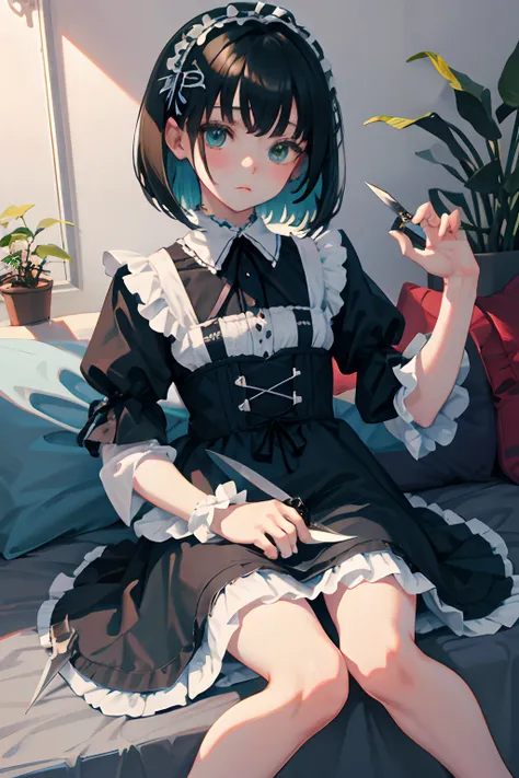 hand between legs，child，（​masterpiece，Highest Quality），shortsleeves，Blue-green Gothic Lolita，Sleepy face，A dark-haired，Medium bob，utility knife，Small scissors，Artistically