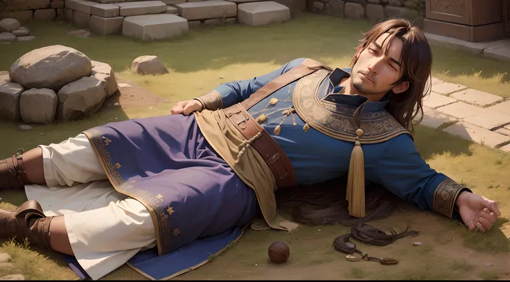 man, ancient times, fallen on the ground, 40-year-old man, tunic clothing, man