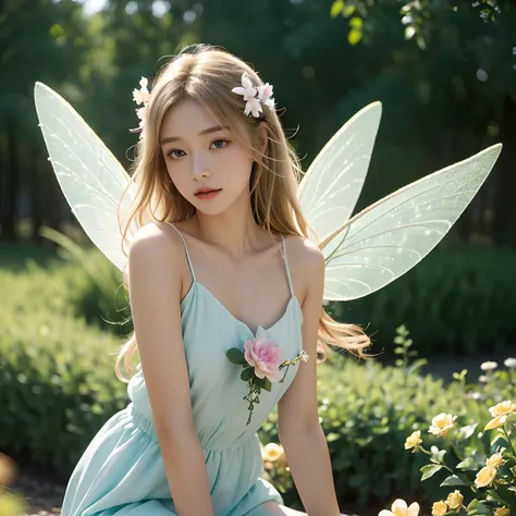 "((masterpiece level，The highest image quality)), hight resolution，Fairy air flutters，Warm background，Flower Fairy，fairy wings，(Scrub Skin:1.2)"Blonde hair，cropped shoulders，