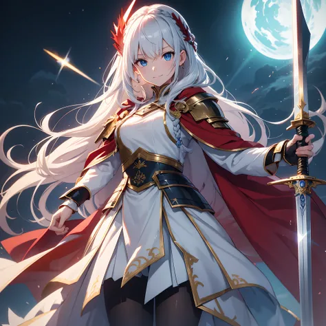 ​masterpiece、Clear blue eyes、Jet Black Magic Armor、Golden hair、Hair quality that emits a very beautiful light、Holding a great sword with both hands、Front View、Neat face、Clear smile、thick braid hair、boyish、Solo style、Immaculate world、Red armor is dressed in...