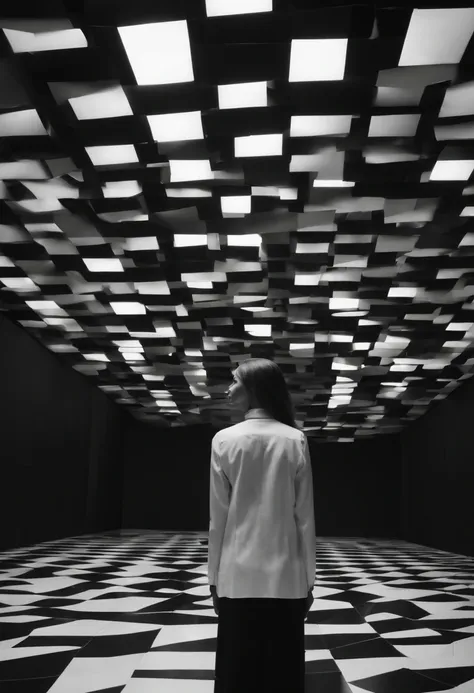 a black and white photo of a person in a room with a mirror, 4 k symmetrical portrait, 4k symmetrical portrait, inspired by Ryoji Ikeda, pixelated art, projection mapping, refik anadol, digital sculpture, recursive portrait, video art, peter saville, inspi...