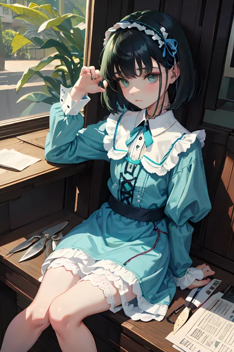 hand between legs，child，（​masterpiece，Highest Quality），shortsleeves，Blue-green Gothic Lolita，Sleepy face，A dark-haired，Medium bob，utility knife，Small scissors，Artistically