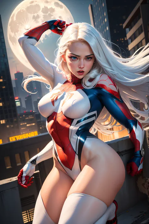 (Masterpiece, 4k resolution, ultra-realistic, very detailed), (White superhero theme, charismatic, theres a girl on top of town, wearing Spider-Man costume, shes a superhero), [ ((25 years), (long white hair:1.2), full body, (blue eyes:1.2), ((Spider-Man p...