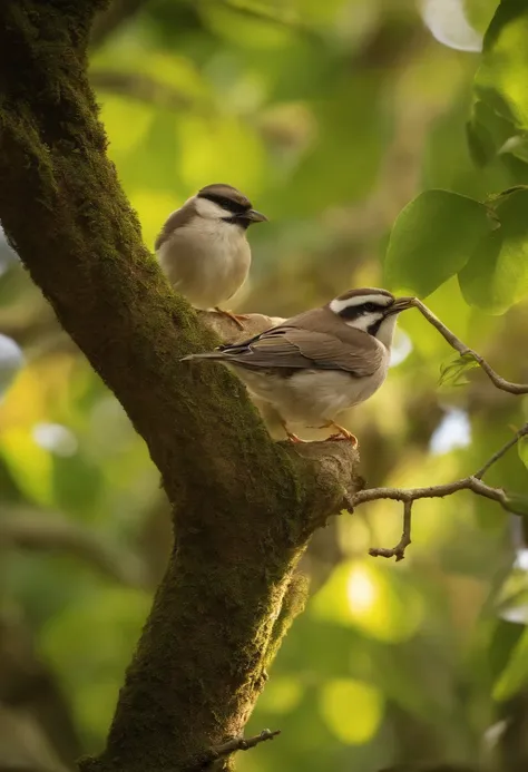 birds building nests on the trees,birds flying around,beautiful detailed nests on the branches,green leaves and branches swaying in the wind,peaceful and serene atmosphere,sunlight filtering through the leaves,colors of nature,soft natural lighting,perfect...