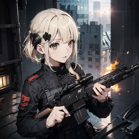 (Trained female soldiers)、((holding weapons、holding rifle、Aim:1.2、fire:1.4、guns、h&k hk416))、1 Women、thick body、(Black combat uniform)、(platinum-blonde-hair:1.2)、((超A high resolution))、Detail Write、​masterpiece、top-quality、extremely details CG、8K picture qu...