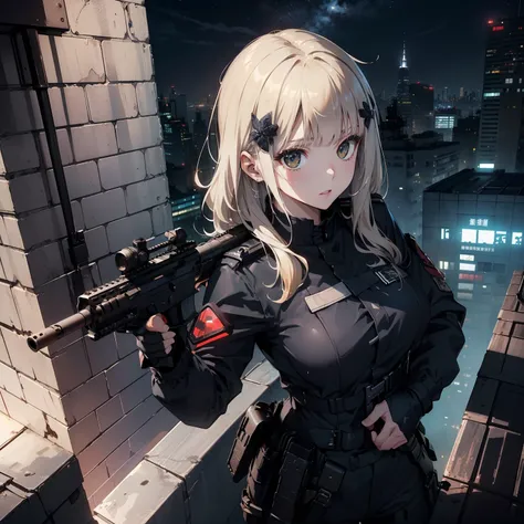 (Trained female soldiers)、((Holding weapons、holding rifle、aim、aim、fire:1.4、guns、h&K HK416))、1 Women、thick body、(Black combat uniform)、(platinum-blonde-hair:1.2)、((超A high resolution))、Detail Write、​masterpiece、top-quality、extremely details CG、8K picture qu...