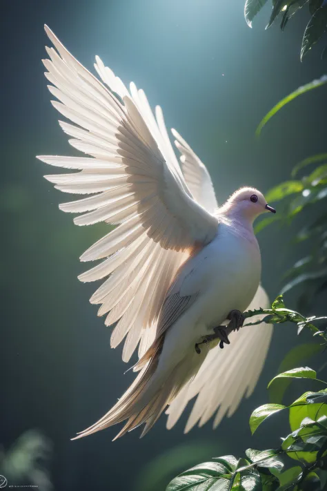 high quality,ultra-detailed,digital painting,realistic colors,studio lighting,mechanical dove,metallic feathers,detailed mechanical parts,glowing eyes,mystical,ethereal,hovering in a serene garden,magical atmosphere,soft sunlight,whispering wind,harmony of...