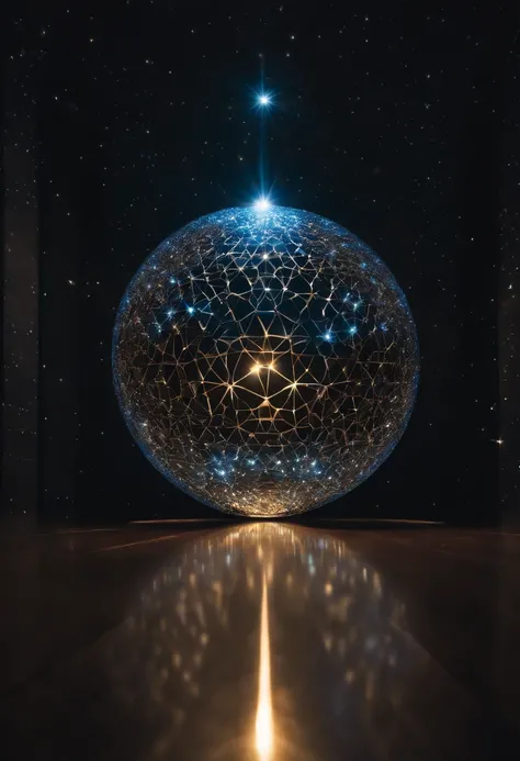 a close up of a star in the middle of a dark room, a digital rendering by Josh Bayer, pexels, light and space, hexagon lens flares, tesseract, the tesseract, caustics lighting from above, photo of a dyson sphere, singular light source from below, dyson sph...